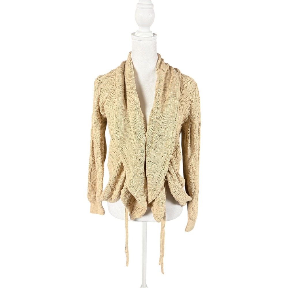 Lauren Ralph Lauren Cardigan Sweater Women PL Tan Cable Knit Shawl Collar Tie